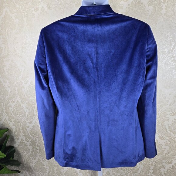 Guess Size Medium Blue Velvet Blazer 1 Button Front Black Satin Lapels 3 Pocket - Picture 6 of 15